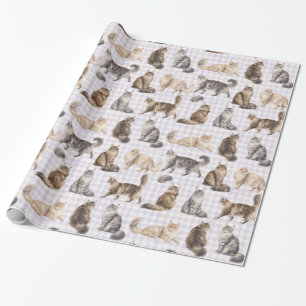 Langharige kat paarse geruite waterverf cadeauverp cadeaupapier