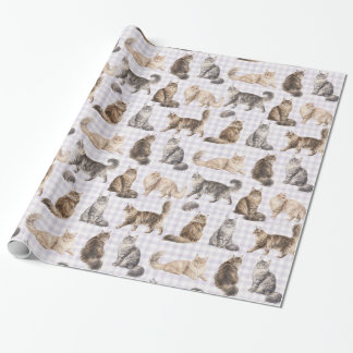 Langharige kat paarse geruite waterverf cadeauverp cadeaupapier