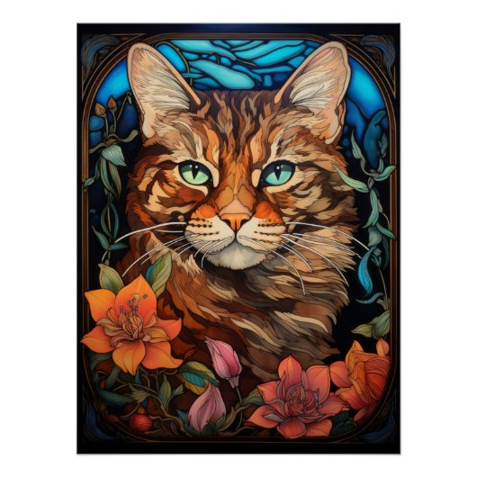Langharige Tabby Cat Glas in lood Venster Design Perfect Poster (Voorkant)