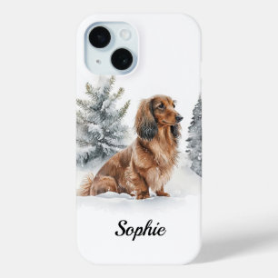 langharige teckel doxie worstenhond in sneeuw iPhone 15 case