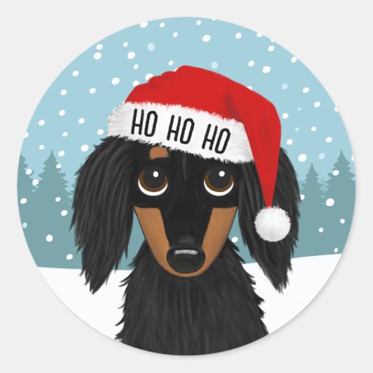 Langharige Zwart en Tan Dachshund Kerstmis Ronde Sticker (Voorkant)