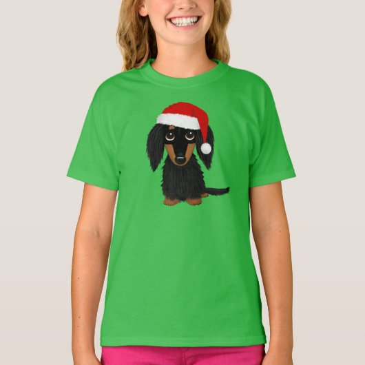 Langharige Zwart en Tan Dachshund Kerstmis T-shirt (Voorkant)