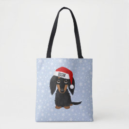 Langharige Zwart en Tan Dachshund Santa Custom Tote Bag