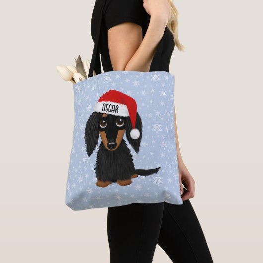 Langharige Zwart en Tan Dachshund Santa Custom Tote Bag (Dichtbij)