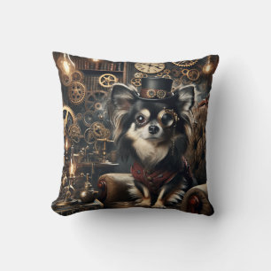 Langharige zwart-witte Chihuahua Steampunk Kussen