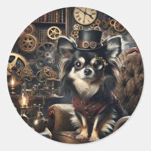 Langharige zwart-witte Chihuahua Steampunk Ronde Sticker