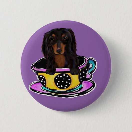 Langharige Zwarte Doxie Ronde Button 5,7 Cm (Voorkant)