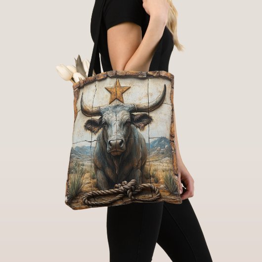 Langhoornstier touw Goud Ster Woestijn Bergen Tote Bag (Dichtbij)