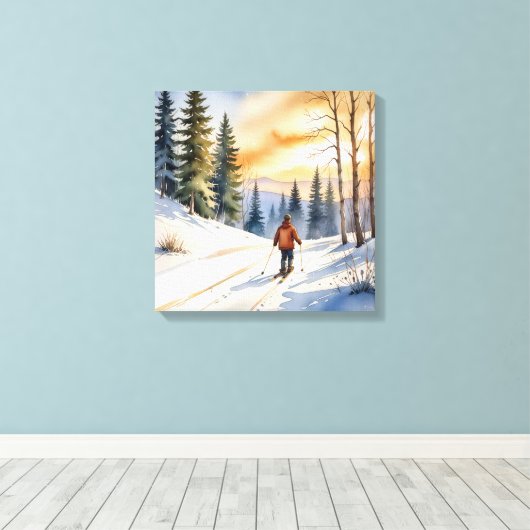 Langlaufer in winterse Bossen Canvas Afdruk (Insitu (Houten vloer))