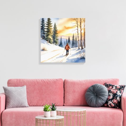 Langlaufer in winterse Bossen Canvas Afdruk (Insitu (Woonkamer))