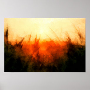 Langwerpige tarwevelden in een oranje zonneschijnl poster