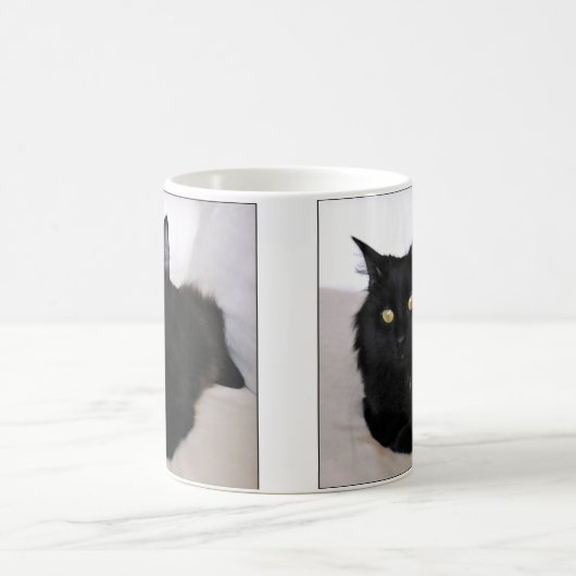 Langwerpige zwarte kat die op de bank ligt koffiemok (Center)