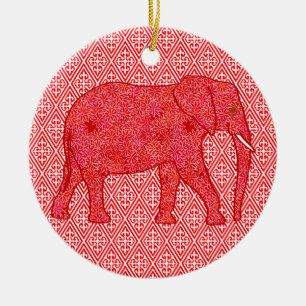 Langwerpolifant - diep rood en koraal keramisch ornament