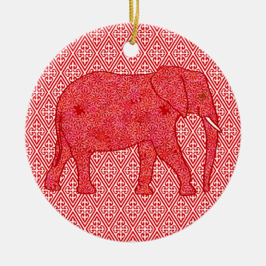 Langwerpolifant - diep rood en koraal keramisch ornament (Voorkant)