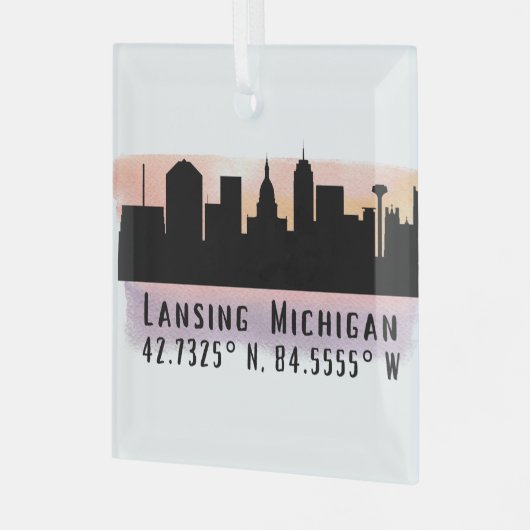 Lansing MI City Skyline Latitude en Lengtegraad Glas Ornament (Voorkant links)