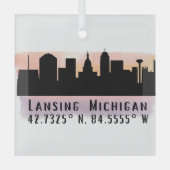 Lansing MI City Skyline Latitude en Lengtegraad Glas Ornament (Voorkant)