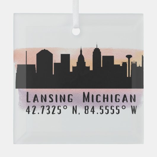 Lansing MI City Skyline Latitude en Lengtegraad Glas Ornament (Voorkant)