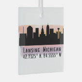 Lansing MI City Skyline Latitude en Lengtegraad Glas Ornament (Voorkant Rechts)