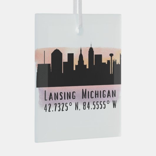 Lansing MI City Skyline Latitude en Lengtegraad Glas Ornament (Voorkant Rechts)