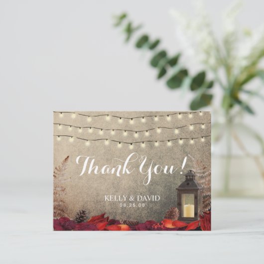 Lantaarn & Bladeren Fall Wedding Dank u Briefkaart (Staand voorkant)