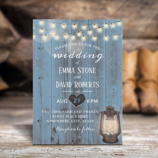  Lantaarn Dusty Blue Barn Wood Wedding Kaart