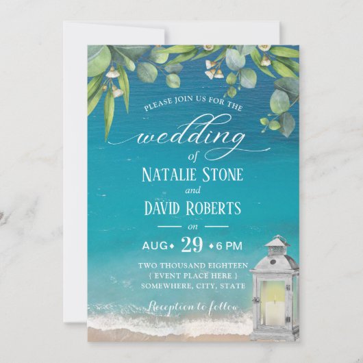  Lantaarn Elegant Foliage Beach Wedding Kaart (Voorkant)