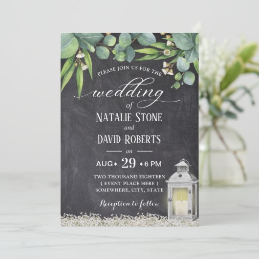Lantaarn Elegant Foliage Chalkboard Wedding Kaart (Staand voorkant)