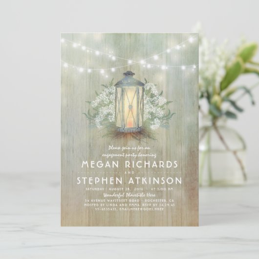 Lantaarn en Baby's Breath Rustic Engagement Party Kaart (Staand voorkant)