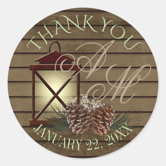 Lantaarn en dennen rustieke winter monogram ronde sticker (Voorkant)