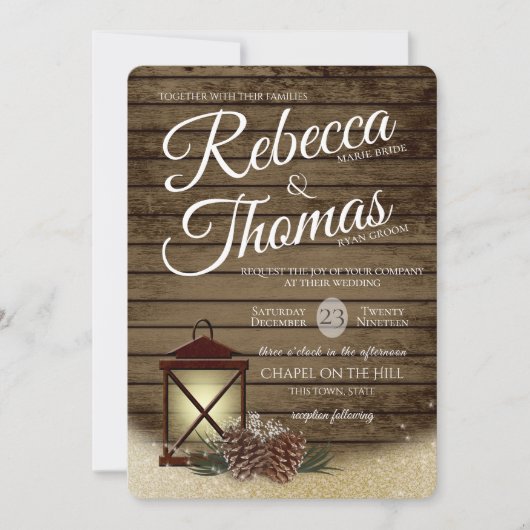 Lantaarn en dennenappels rustieke winter bruiloft kaart (Voorkant)