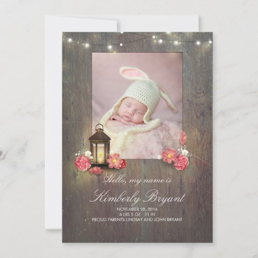  Lantaarn En Rustiek Hout Baby Foto Geboorte Aankondiging (Voorkant)