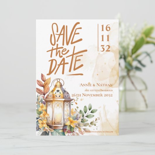 Lantaarn Geel Bloemen Fall Wedding Save the Date (Staand voorkant)