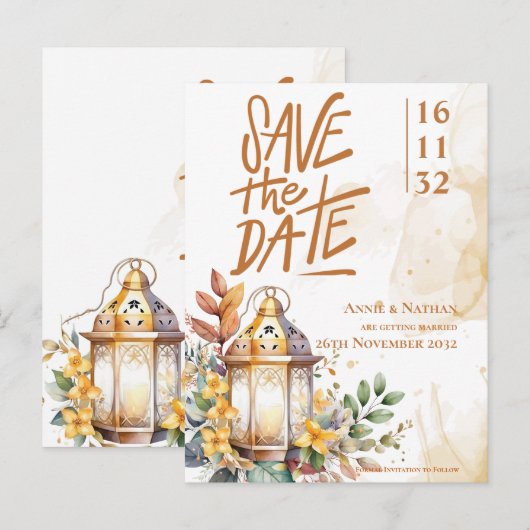 Lantaarn Geel Bloemen Fall Wedding Save the Date Aankondigingskaart (Voorkant / Achterkant)