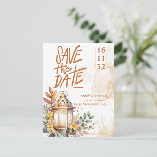 Lantaarn Geel Bloemen Fall Wedding Save the Date Aankondigingskaart (Staand voorkant)