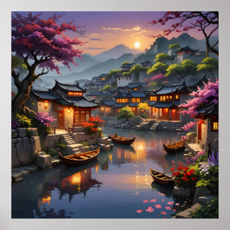 Lantaarn gloed te midden van bloesems en water poster