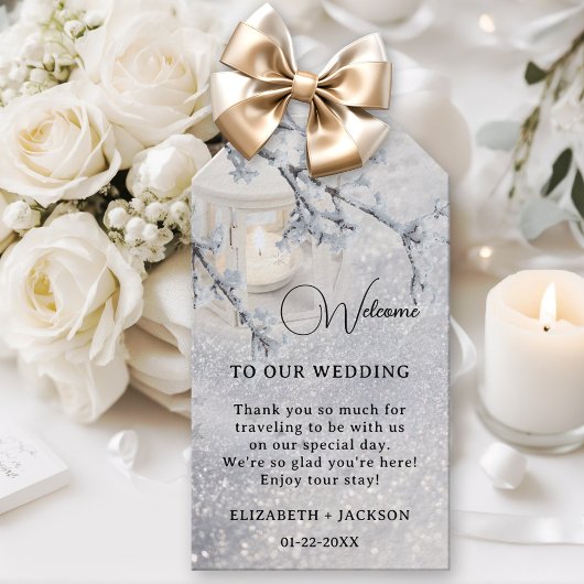 Lantaarn in Sparkling Sneeuw Winter Bruiloft Cadeaulabel