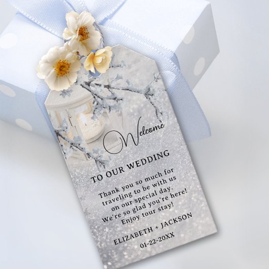 Lantaarn in Sparkling Sneeuw Winter Bruiloft Cadeaulabel