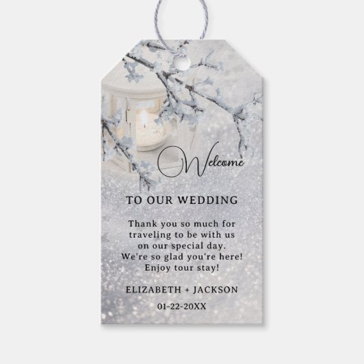 Lantaarn in Sparkling Sneeuw Winter Bruiloft Cadeaulabel (Voorkant)