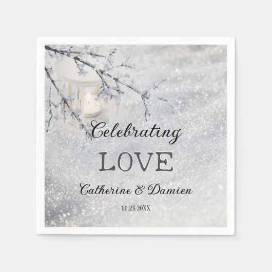Lantaarn in Sparkling Sneeuw Winter Bruiloft Servet (Voorkant)