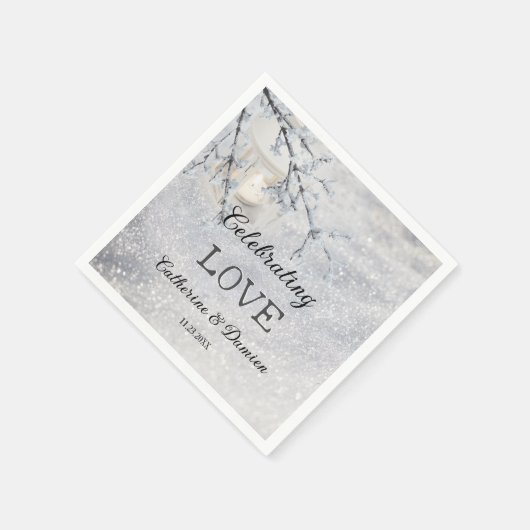 Lantaarn in Sparkling Sneeuw Winter Bruiloft Servet (Hoek)
