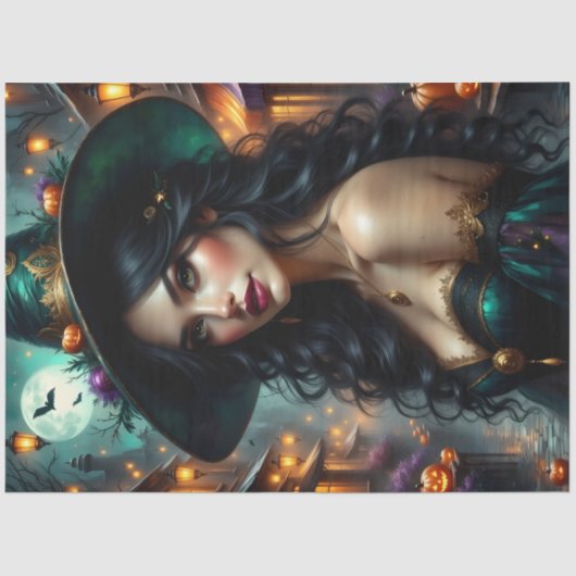 Lantaarn-Lit Halloween Witch met pompoenen en Goth Tissuepapier (Voorkant)