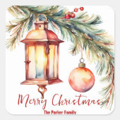 Lantaarn met Pine en Holly Berries Kerstmis Vierkante Sticker (Voorkant)