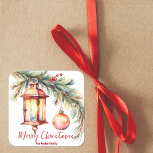 Lantaarn met Pine en Holly Berries Kerstmis Vierkante Sticker