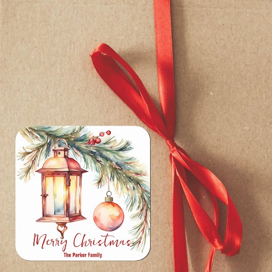 Lantaarn met Pine en Holly Berries Kerstmis Vierkante Sticker