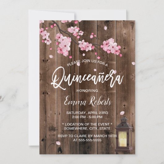  Lantaarn Pink Floral Barn Wood Quinceanera Kaart (Voorkant)