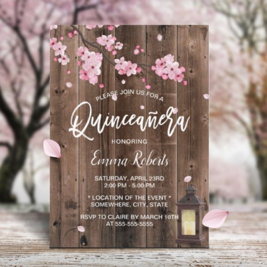  Lantaarn Pink Floral Barn Wood Quinceanera Kaart