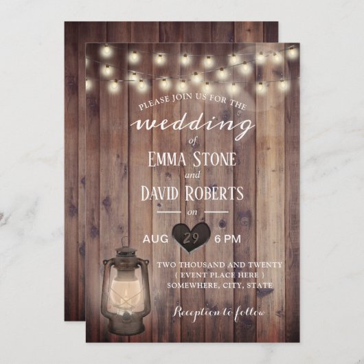  Lantaarn Rustic Barn Wood Wedding Kaart (Voorkant / Achterkant)