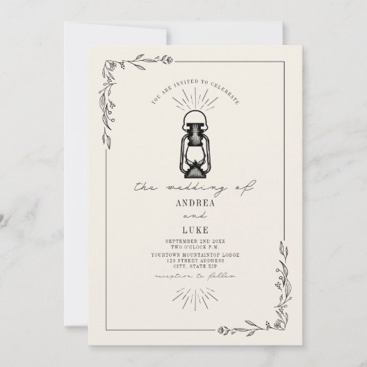  Lantaarn Rustic Botanical Black Wedding Kaart (Voorkant)
