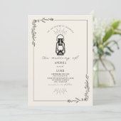  Lantaarn Rustic Botanical Black Wedding Kaart (Staand voorkant)