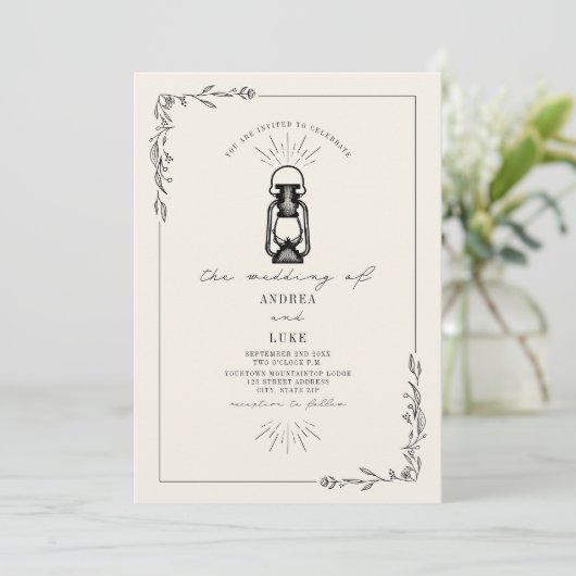  Lantaarn Rustic Botanical Black Wedding Kaart (Staand voorkant)